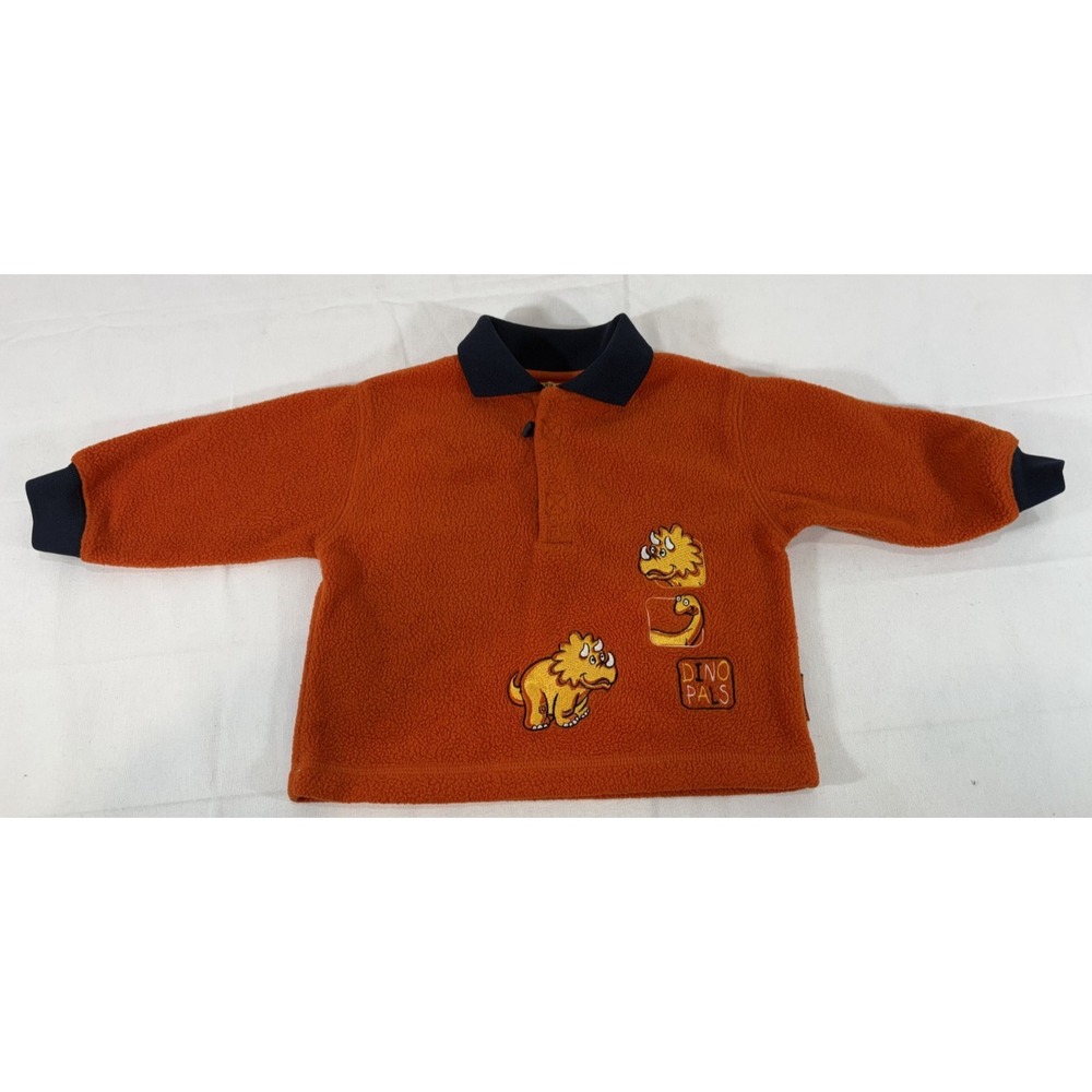 Vintage 1980's Bugle Boy "Dino Pals" Orange Blue Fleece Pullover Size 18 Month
